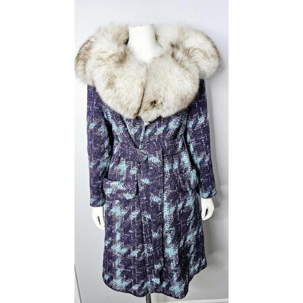 Vintage 1960s Purple and Turquoise Boucle Wool Coat with Fur Collar